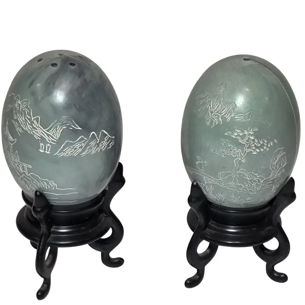 Vintage Hong Kong Faux Jade Egg Salt & Pepper Shakers Asian Landscape w/ Stands